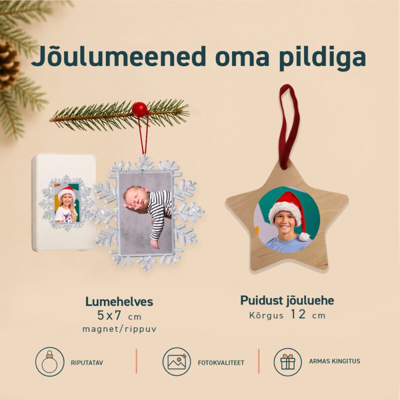 Lumehelves ja puidust jõuluehe oma pildiga