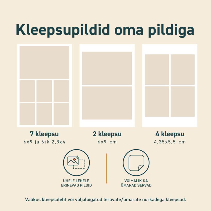 Kleepsupiltide valik erinevates suurustes ja viimistlustes