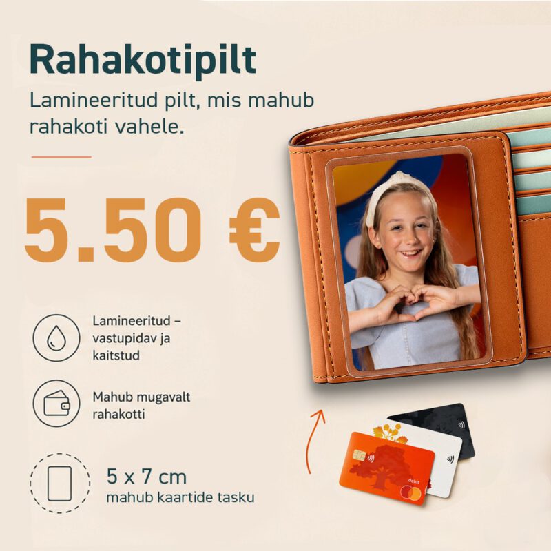 5 × 7 cm lamineeritud rahakotipilt oma pildiga